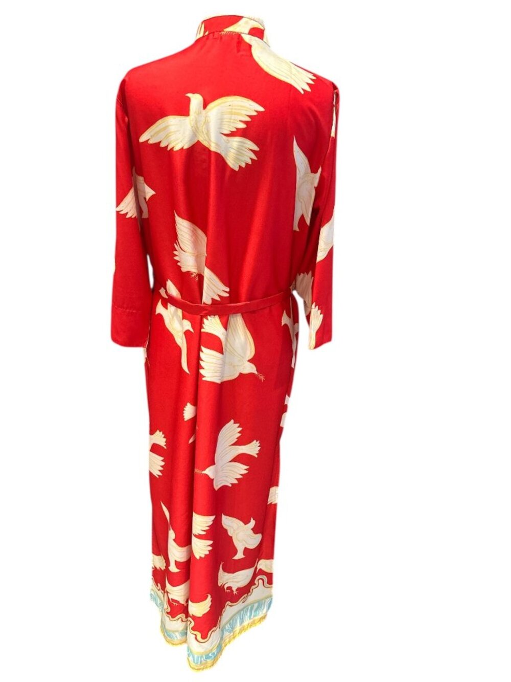 Moda Posa XL Red Bird Orint Maxi Dress Tue waist Mandarin Collar Boho Resort - Picture 4 of 11